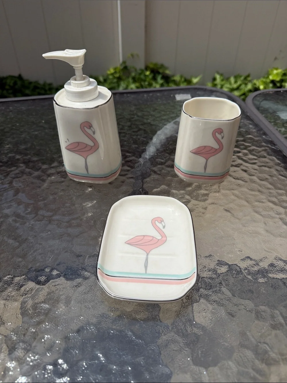 Pink Flamingo Ceramic Bath Set - Soap Pump, Toothbrush Holder, Tray